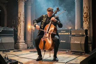 Violoncelliste en habit baroque jouant sur une scène de concert rock avec amplificateurs vintage et décor classique mêlant baroque et rock