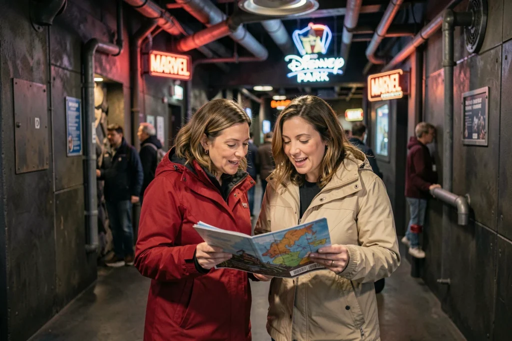 Deux femmes consultant un plan des attractions dans une zone thématique intérieure du Parc Walt Disney Studios