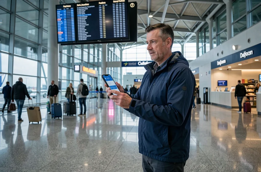 Voyageur consultant son eSIM Saily dans un terminal d'aéroport international avant un départ