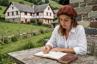 Voyageuse au Pays basque prenant des notes dans un journal de voyage devant une ferme basque traditionnelle