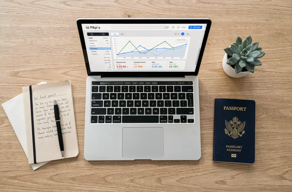 Vue de dessus d'un bureau avec ordinateur portable affichant Google Flights, passeport, carnet de notes et stylo pour planifier un voyage pas cher
