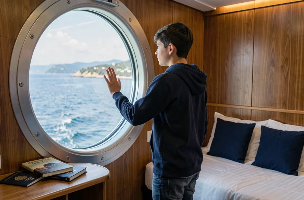 Adolescent regardant l'océan par le hublot d'une cabine de paquebot de croisière