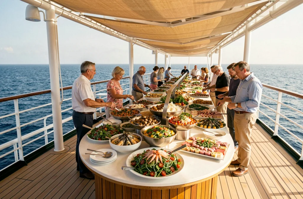Buffet en plein air sur le pont d'un bateau de croisière avec vue panoramique sur la Méditerranée
