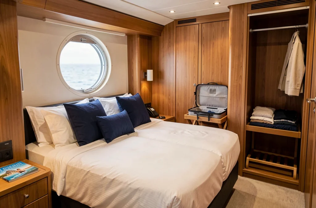 Cabine intérieure d'un paquebot de croisière avec hublot et literie blanche soignée