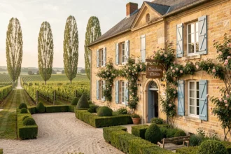 Façade d'une chambre d'hôtes typique en Centre-Val de Loire, maison en tuffeau avec volets bleus et jardin fleuri