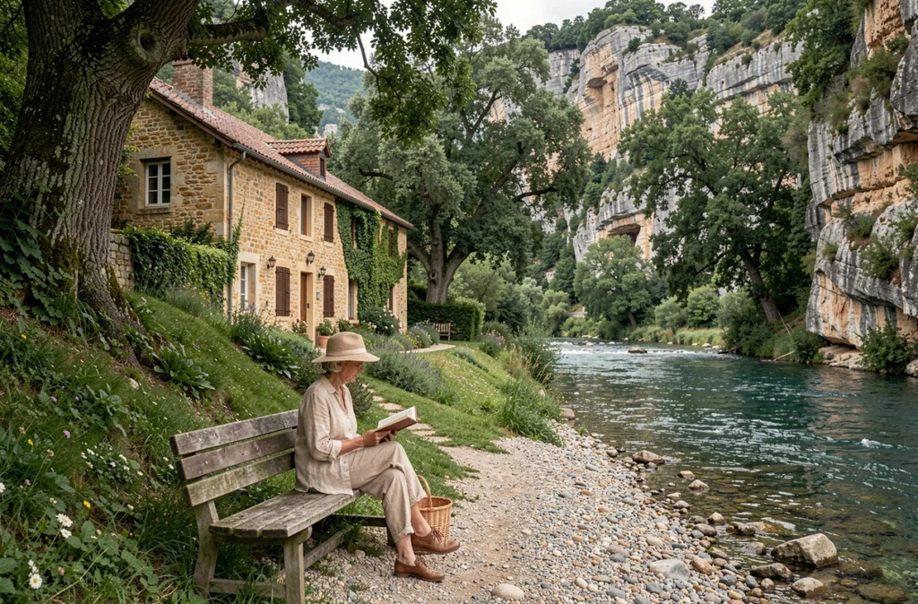 Chambre d'hôtes en pierre dans la vallée du Célé près de Corn dans le Lot, avec jardin en terrasses descendant vers la rivière