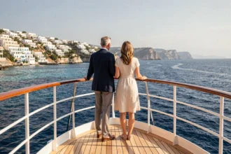 Couple à bord d'un bateau de croisière en Méditerranée admirant un littoral pittoresque