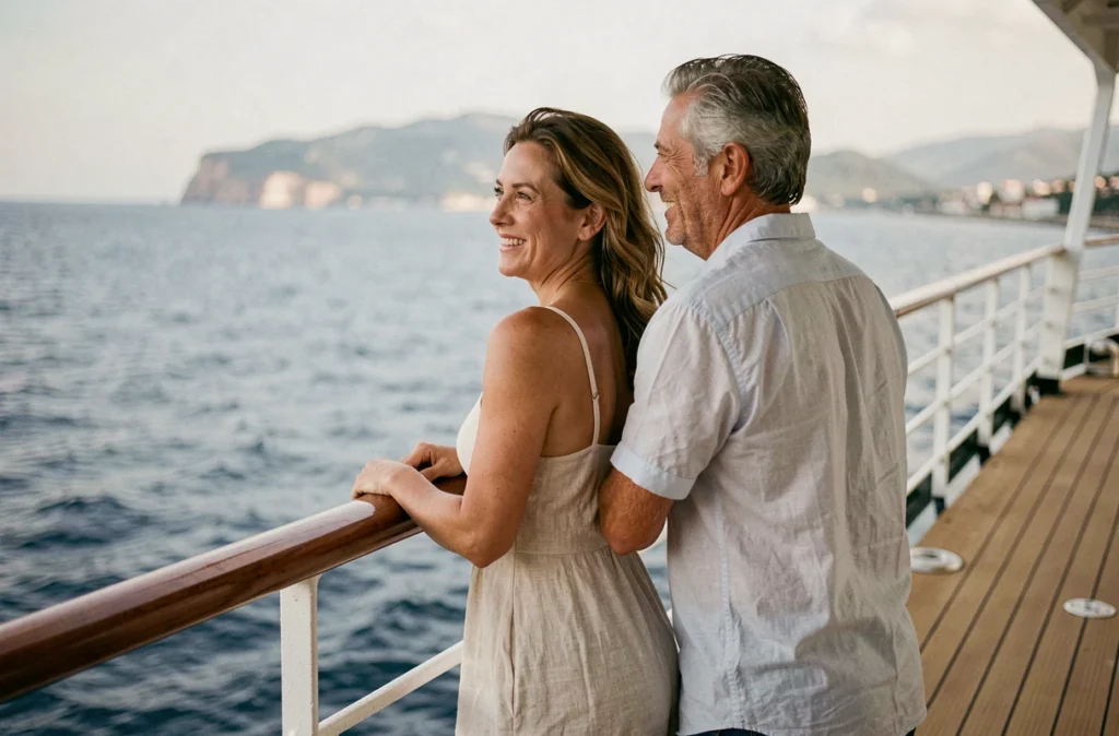Couple profitant de la vue sur la mer Méditerranée depuis le pont avant d'un bateau de croisière