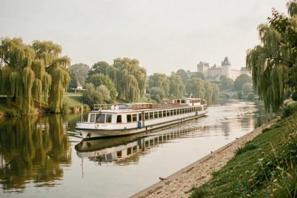 Bateau de croisière fluviale naviguant sur la Loire avec des rives verdoyantes et un château en arrière-plan