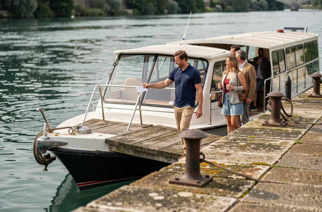 Embarquement de touristes sur un bateau de croisière fluviale depuis un quai en pierre de la Loire
