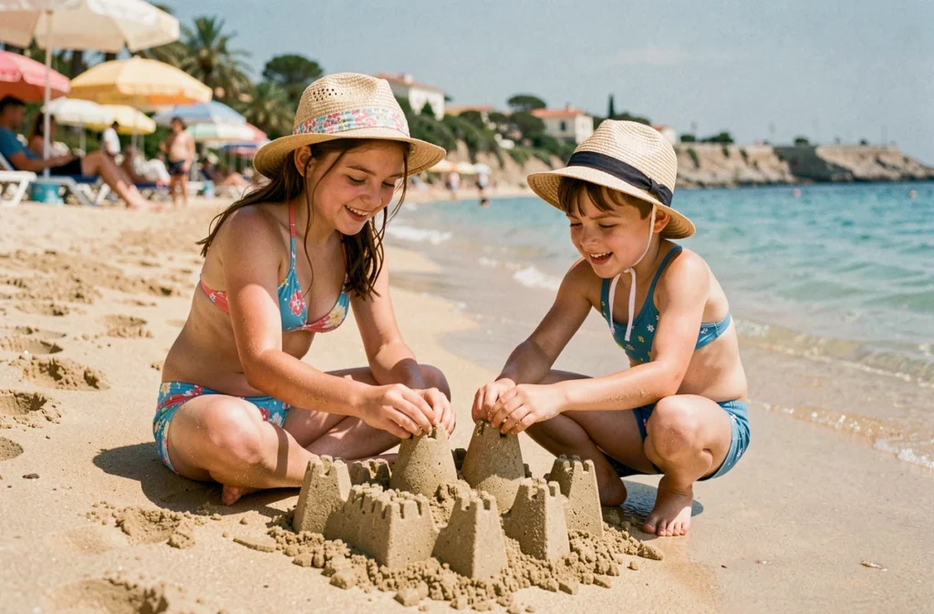Enfants construisant des châteaux de sable sur une plage méditerranéenne pendant les vacances scolaires d'été