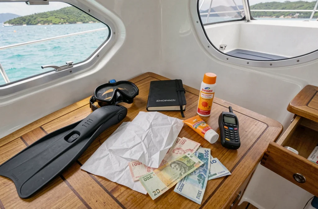 Équipement de croisière et budget en billets de banque étalés sur la table d'un catamaran aux Grenadines