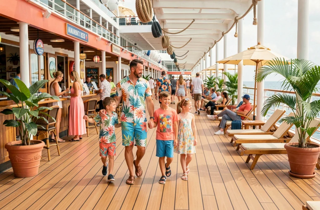 Famille en train d'explorer la promenade d'un navire de croisière avec boutiques et cafés en plein air