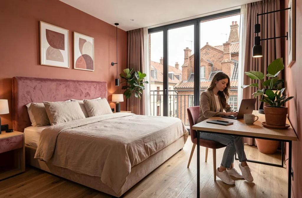 Chambre design de l'hôtel Firstname à Toulouse avec vue sur les toits en brique rose de la Ville Rose