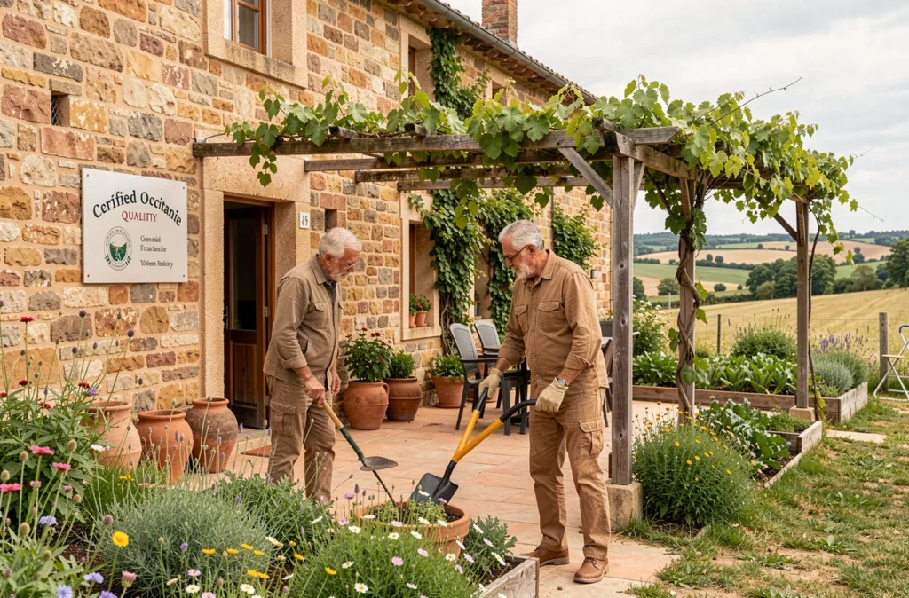 Gîte labellisé Destination d'Excellence en Occitanie avec pergola en pierre, jardin fleuri et plaque de certification sur la façade