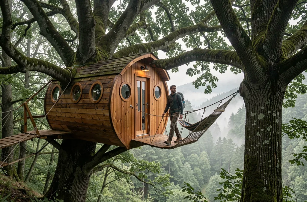 Hébergement insolite en cabane dans les arbres en Occitanie, référencé par Tourisme Occitanie, perché dans les châtaigniers des Cévennes