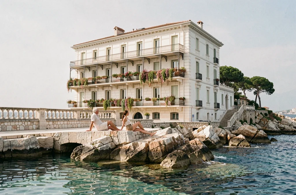 Façade majestueuse de l'Hôtel du Cap-Eden-Roc à Antibes avec piscine d'eau salée taillée dans la roche en bord de mer