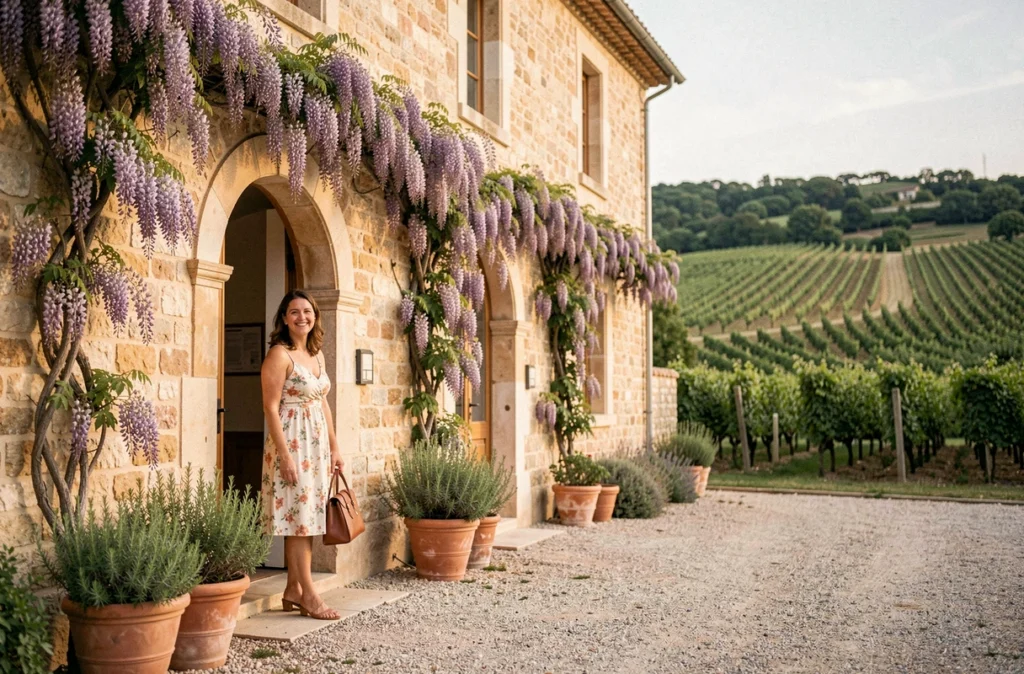Façade de l'Hôtel Le Minervois dans l'Aude, manoir en pierre entouré de vignes avec cour intérieure fleurie