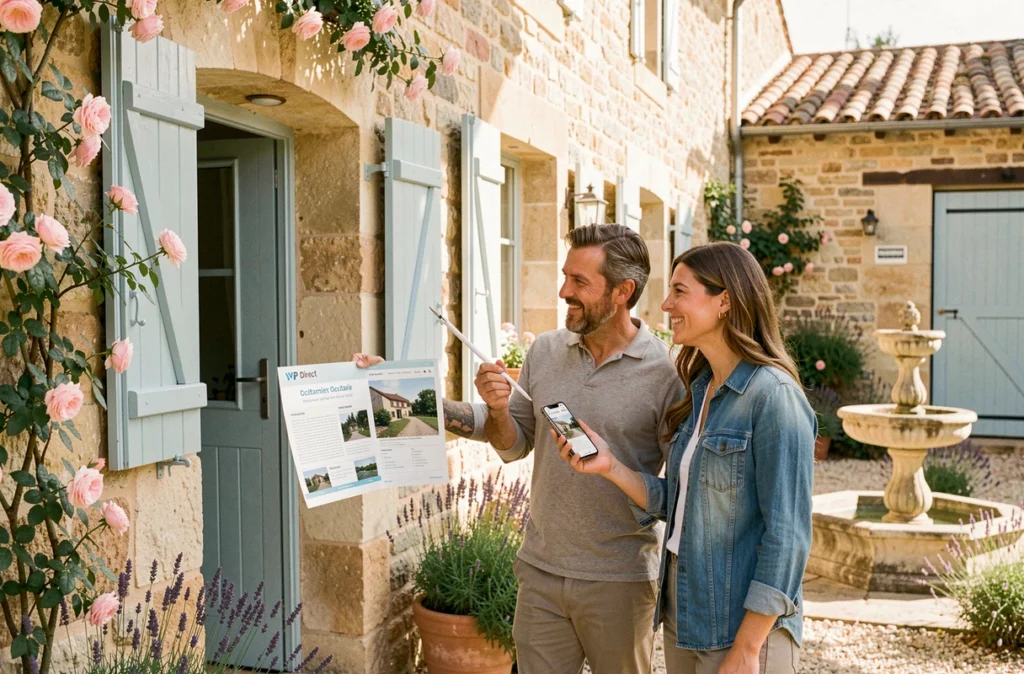 Propriétaire accueillant des locataires devant un mas en pierre en Occitanie via une location directe entre particuliers