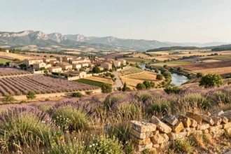 Vue panoramique sur les paysages variés de l'Occitanie, entre villages provençaux, champs de lavande et contreforts pyrénéens