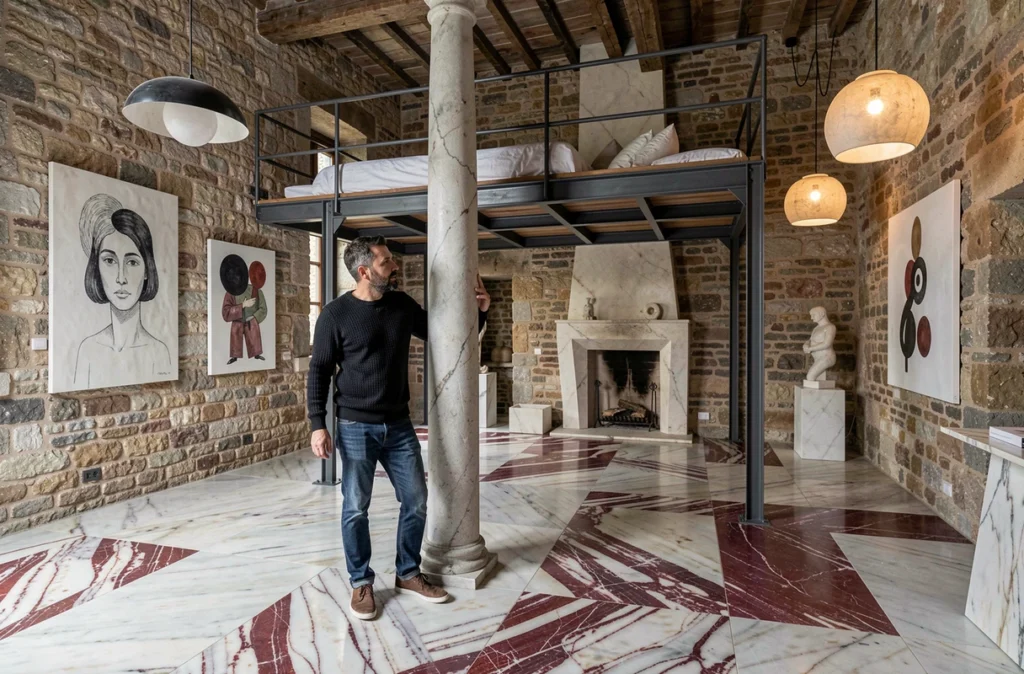 Intérieur atypique de La Marbrerie à Caunes-Minervois, avec sols en marbre veiné, murs en pierre et mezzanine industrielle