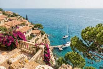 Vue panoramique sur une côte méditerranéenne en Provence avec hôtel de luxe en bord de falaise et mer turquoise