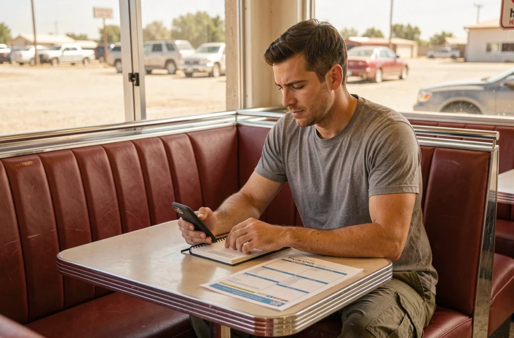 Voyageur solo organisant son itinéraire de sécurité dans un diner américain lors d'un road trip entre Los Angeles et Las Vegas