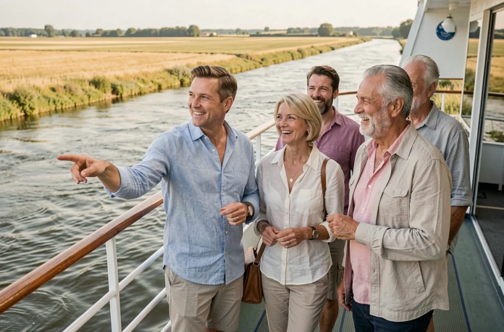 Passagers souriants sur le pont d'un bateau de croisière d'une journée sur la Loire