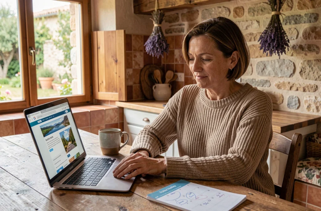Mère planifiant les vacances scolaires sur un ordinateur portable dans un gîte provençal avec calendrier scolaire et café