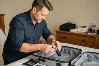 Homme rangeant un rasoir électrique dans un bagage cabine avant un voyage en avion