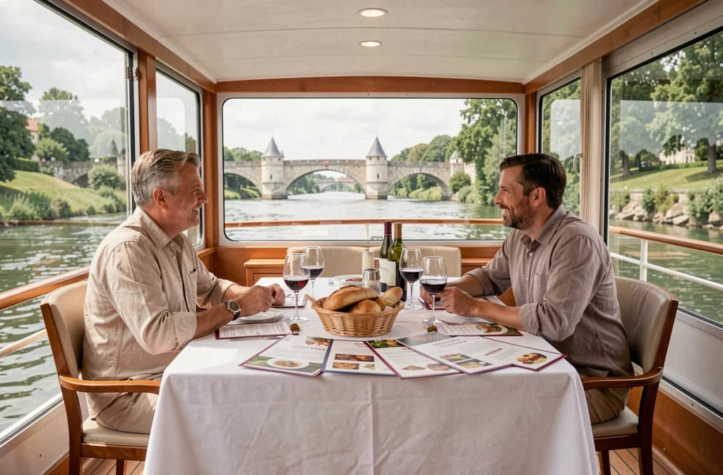 Repas gastronomique à bord d'un bateau de croisière sur la Loire avec vue sur les berges