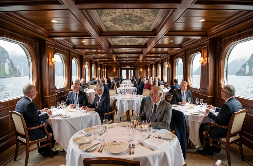 Salle de restaurant gastronomique d'un navire de croisière de luxe avec vue sur un fjord norvégien