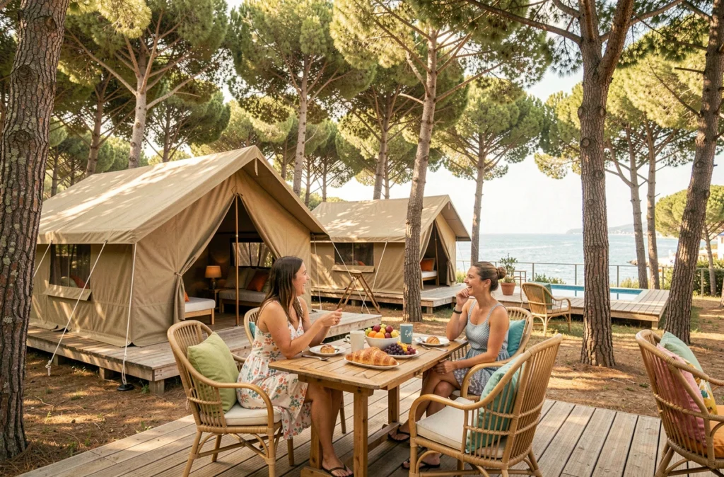 Camping haut de gamme Sirène Holidays à Argelès-sur-Mer avec tentes glamping sur plateforme en bois sous les pins méditerranéens