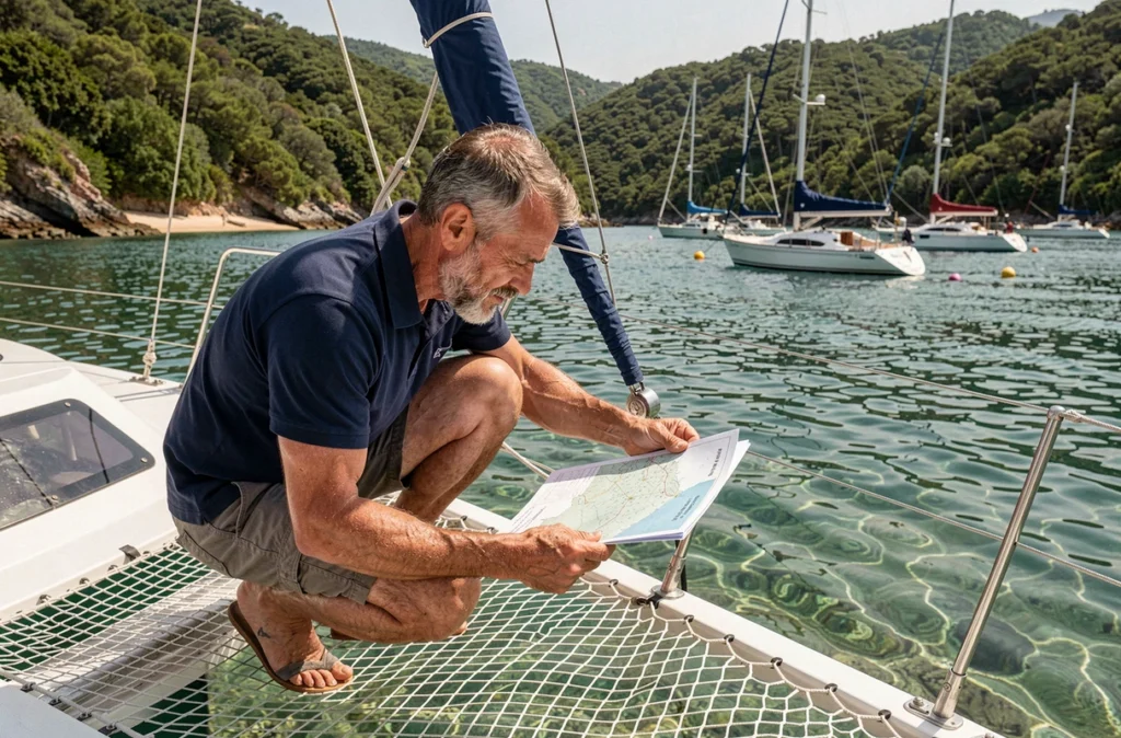 Skipper consultant une carte nautique sur la proue d'un catamaran ancré dans une baie des Grenadines