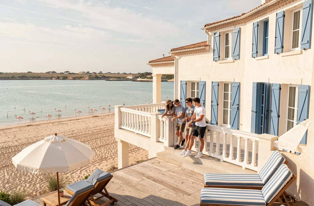 Sunrise Beach Hotel à Gruissan avec terrasse surplombant la plage méditerranéenne et le lagon aux flamants roses