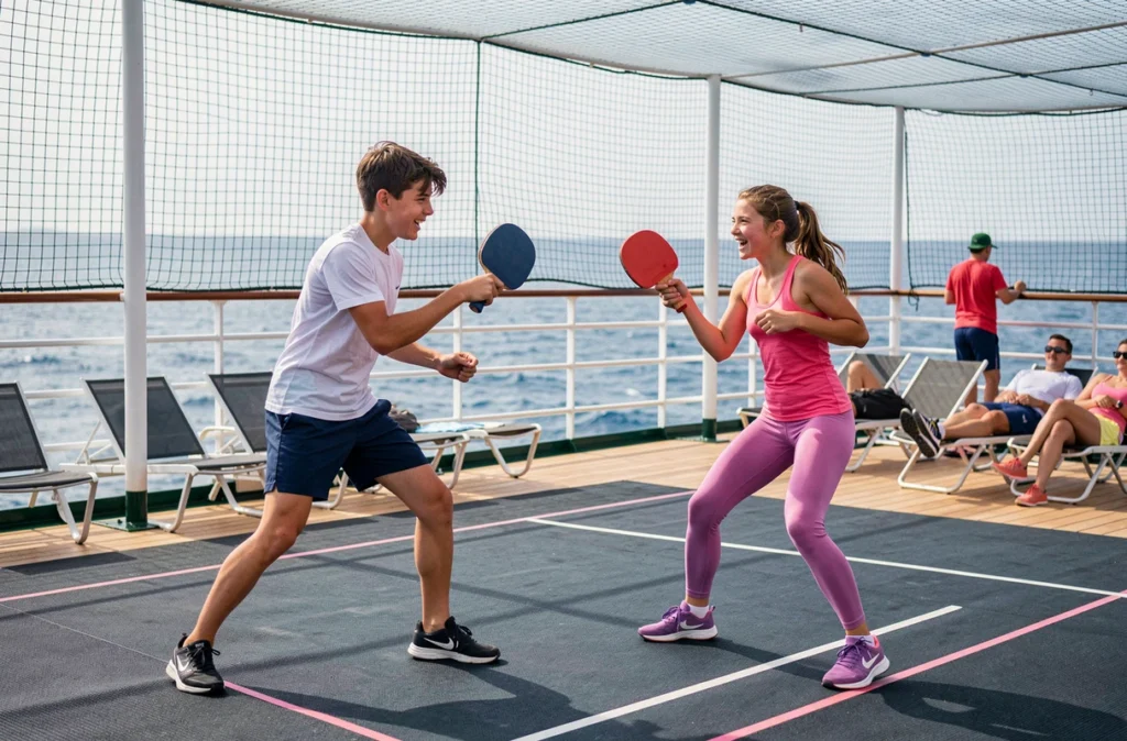 Deux adolescents jouant au tennis de table sur le pont sportif d'un navire de croisière