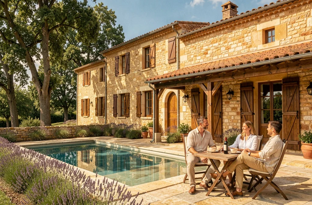 Villa en pierre du Quercy avec piscine privée dans le Lot, entourée de chênes et de murets en pierre sèche