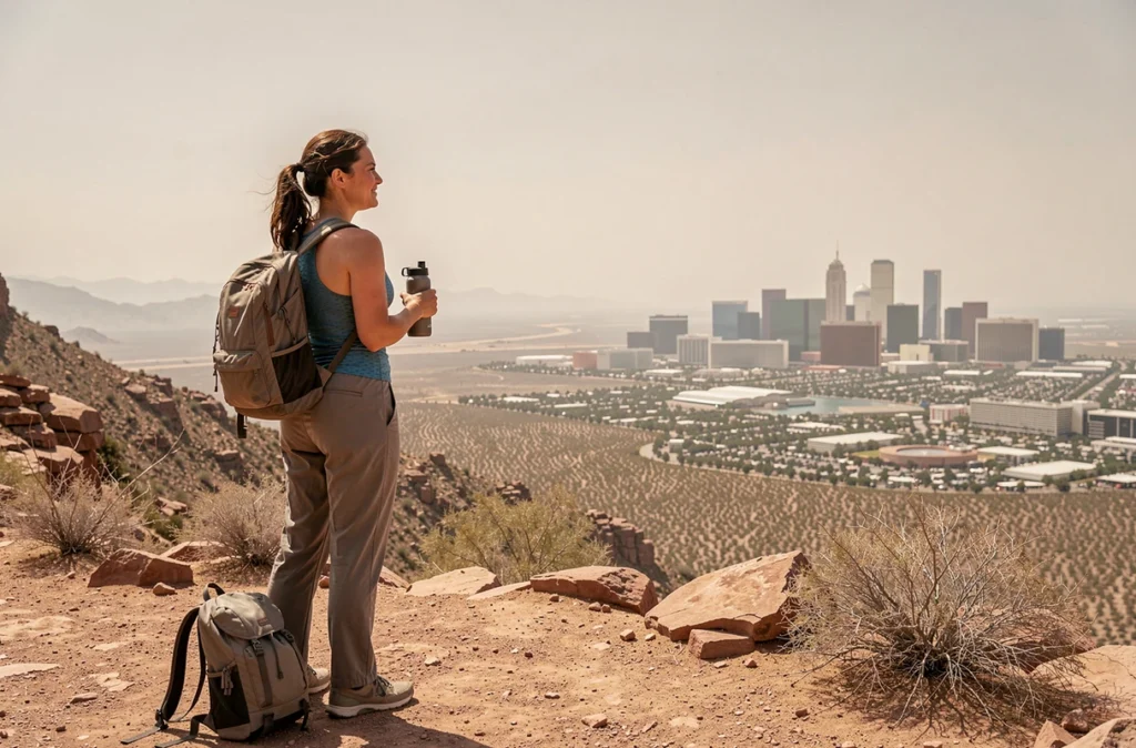 Voyageuse solo arrivant à Las Vegas après un trajet en sécurité depuis Los Angeles, contemplant le panorama du désert