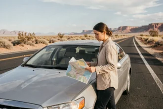 Voyageuse solo consultant une carte routière à côté de sa voiture sur l'autoroute du désert entre Los Angeles et Las Vegas