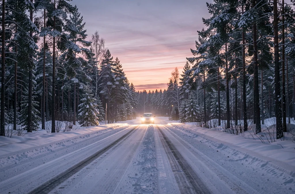 Route finlandaise enneigée traversant une forêt de sapins